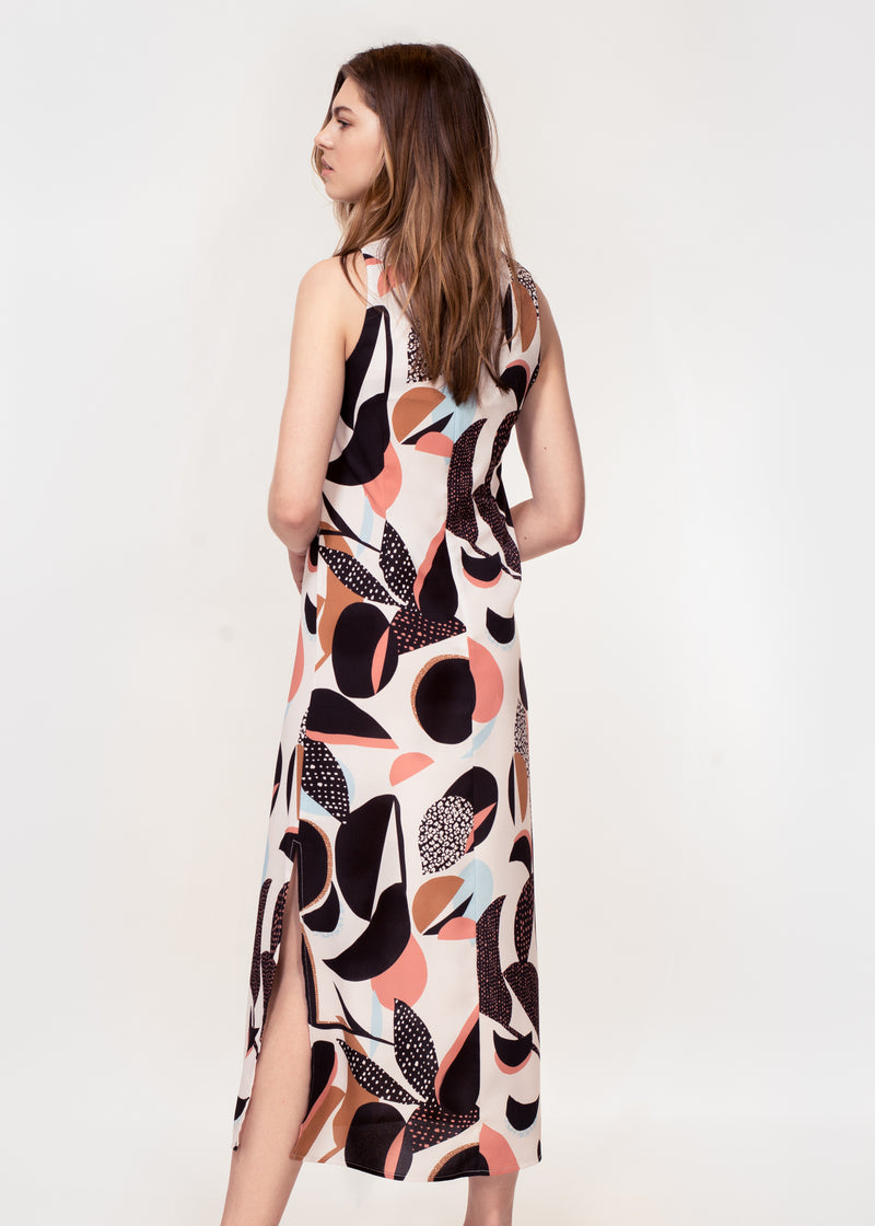 Sleeveless midi dress with side splits in bold abstract print