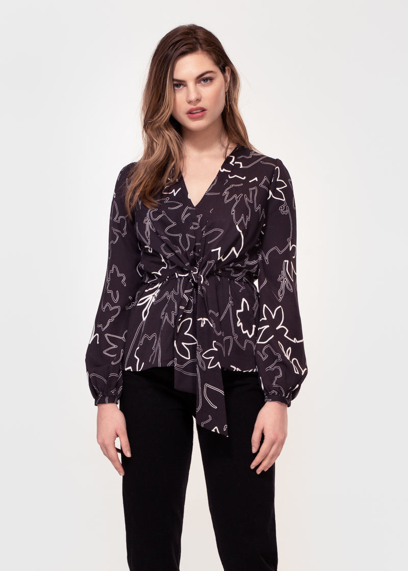 Long sleeve, V neck tie front top in Black and white sketch floral print