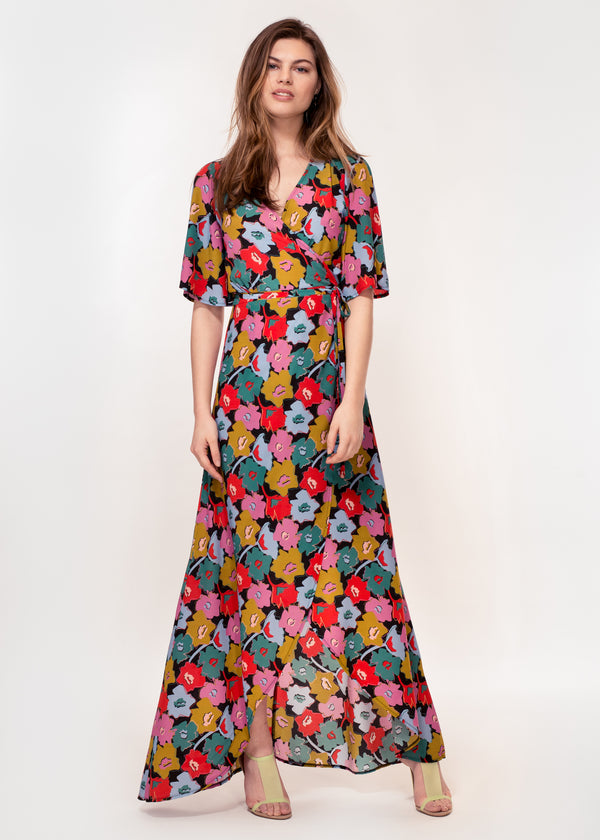 Angel sleeve wrap maxi dress with tie belt in bright abstract floral print