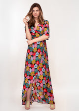 Angel sleeve wrap maxi dress with tie belt in bright abstract floral print