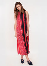 Sleeveless midi dress with side splits in pink and red stripe print