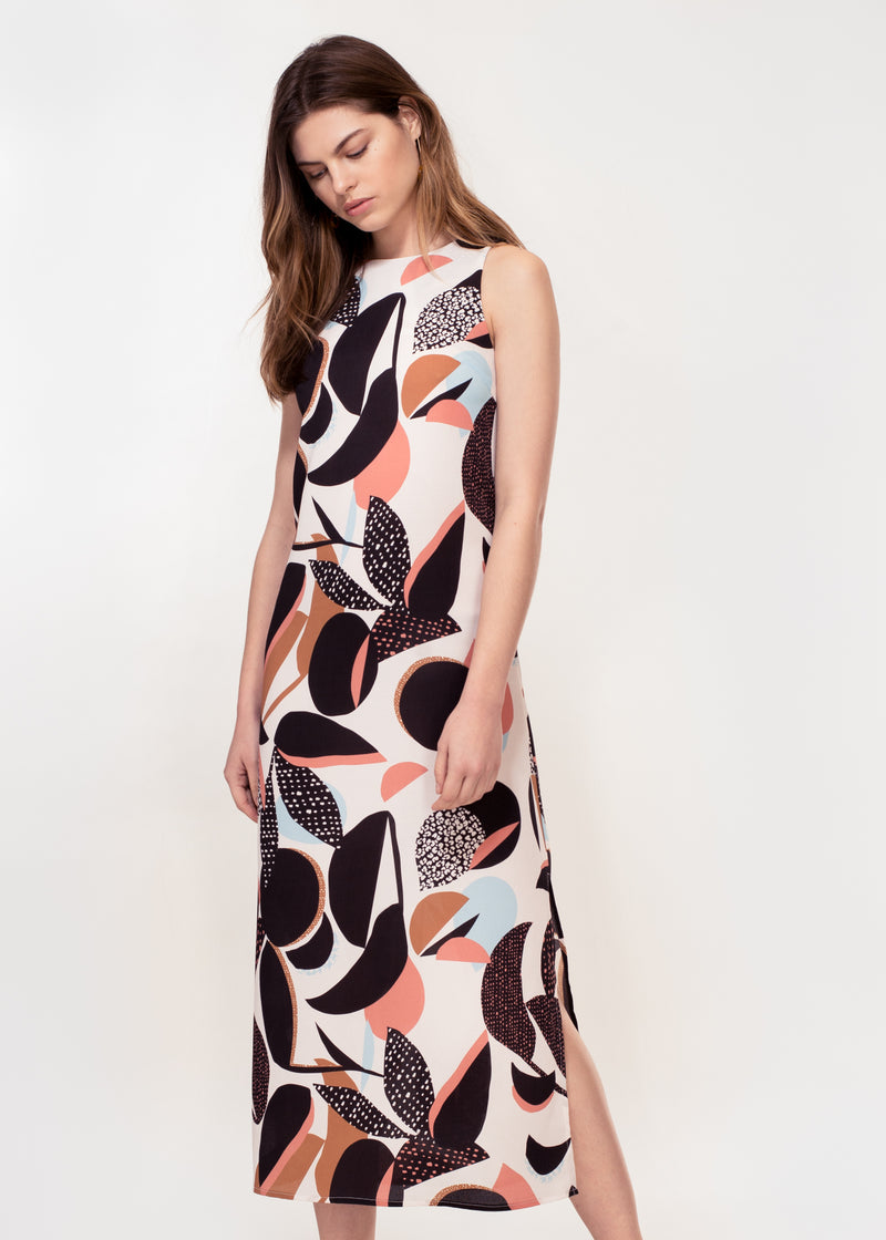 Sleeveless midi dress with side splits in bold abstract print