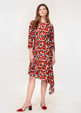 3/4 sleeve dress with asymmetric hem in a Red animal print