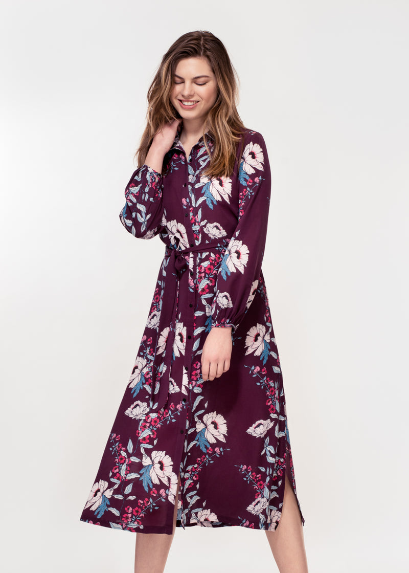 Long sleeve belted shirt dress in a plum peony print
