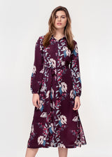 Long sleeve belted shirt dress in a plum peony print