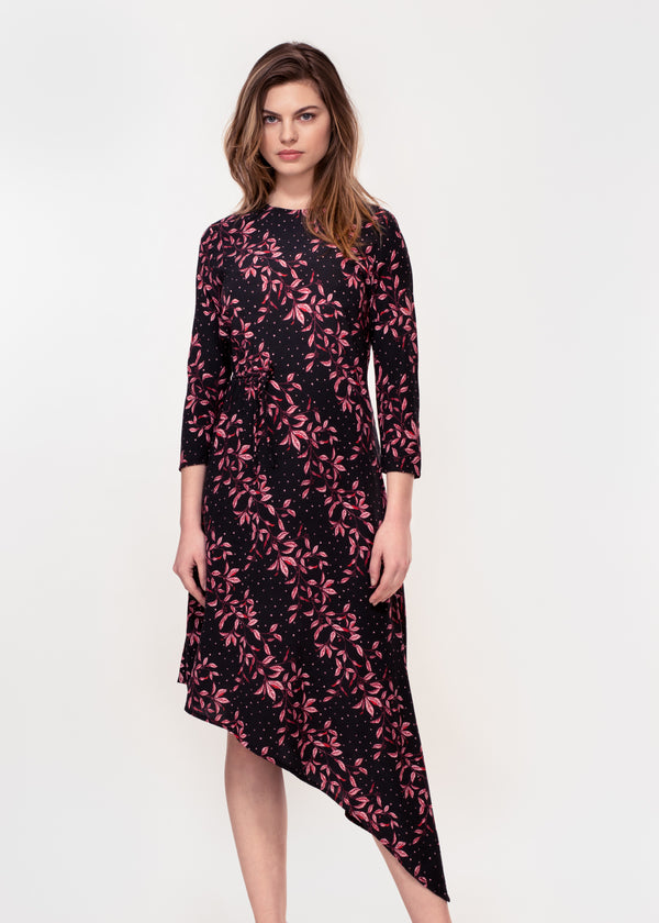 3/4 sleeve dress with asymmetric hem in a black ground pink leaf print