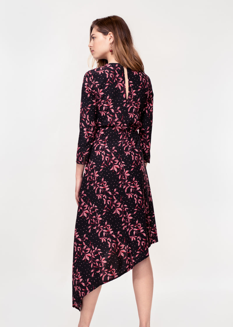 3/4 sleeve dress with asymmetric hem in a black ground pink leaf print