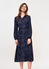 Long Sleeve belted shirt dress in a navy and white sketch print