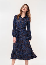 Long Sleeve belted shirt dress in a navy and white sketch print