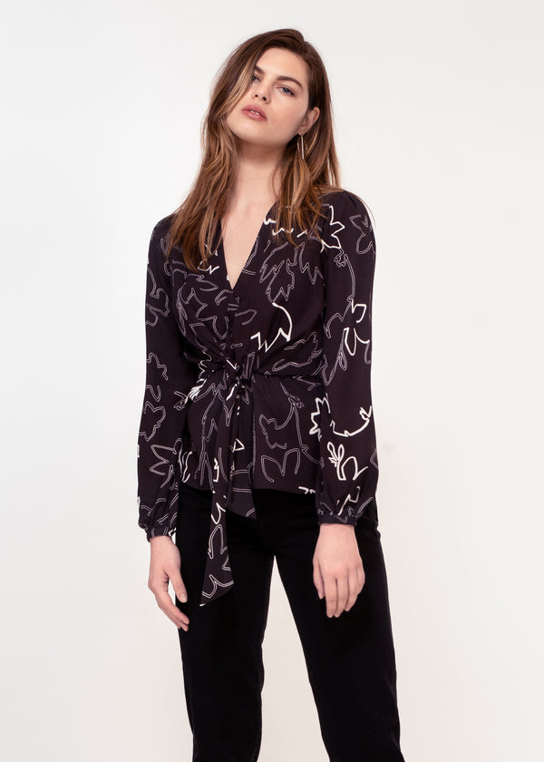 Long sleeve, V neck tie front top in Black and white sketch floral print