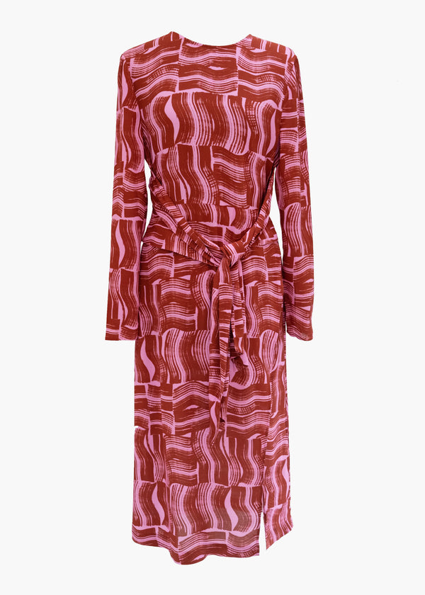 Verbena Tie Front Dress in Rust Paint Brush Print