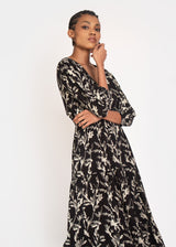 Kalmia Tiered Maxi Dress in Black and White Sketch Floral