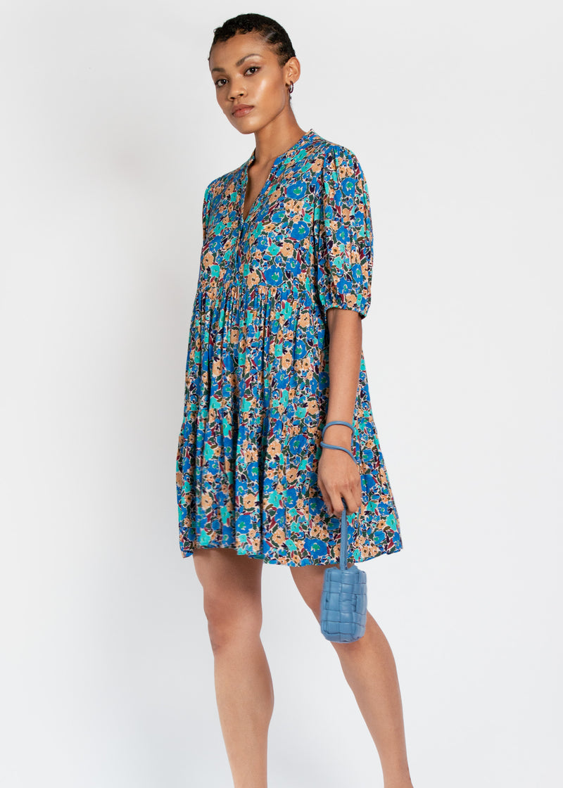 Lilium Short Tiered Dress in Expressive Blue Floral Print